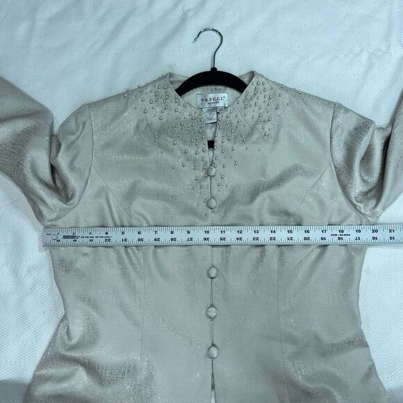 Papell Silver Pearl Studded Blazer Skirt 2 Piece Set Women’s 100% Silk Career - Picture 5 of 12